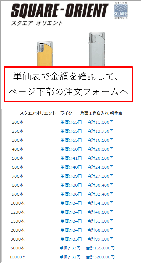 料金表の表示例